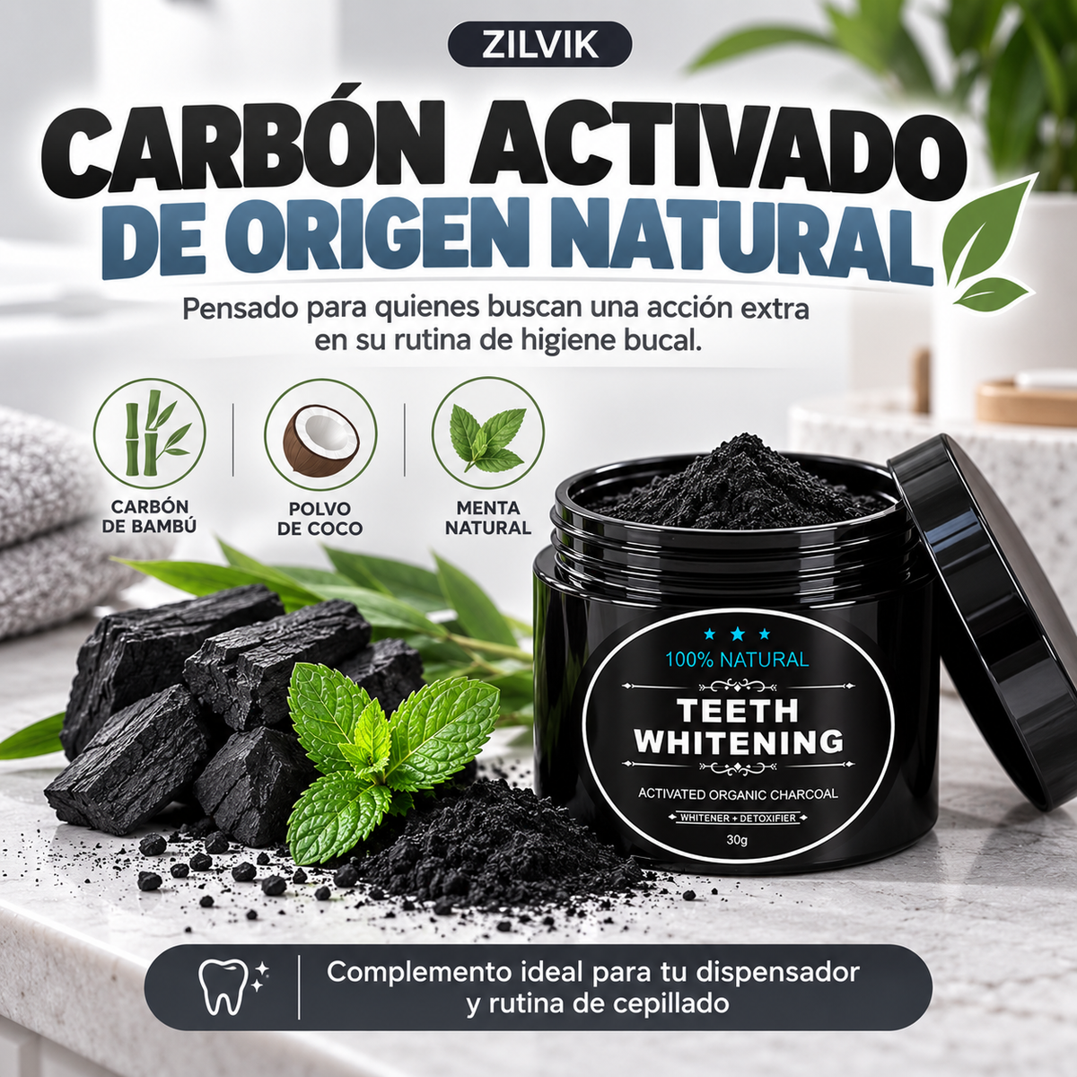 Blanqueador Carbon Activo + Cepillo de Bambú
