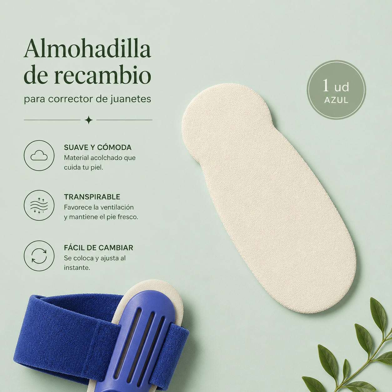 Almohadilla de recambio (1 ud) para corrector de juanetes azul