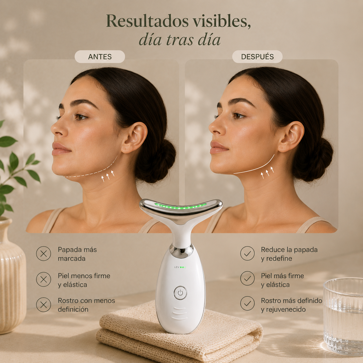 Masajeador de cara, cuello y papada con vibración y LED
